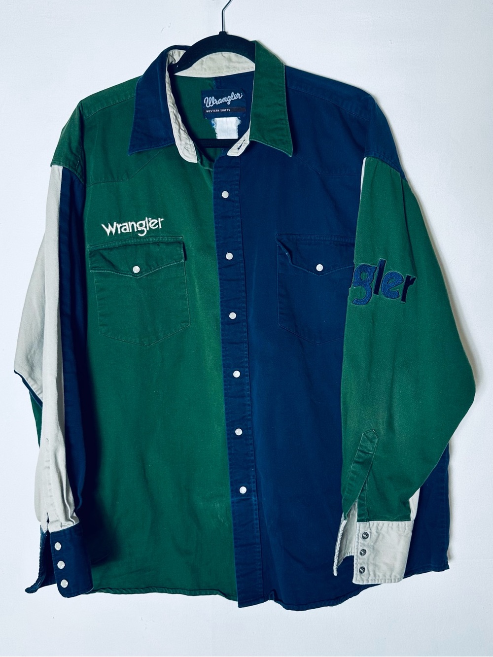Vintage Wrangler Colour Block Embroidered Logo Pearl Snap Rodeo Shirt 3XL Cowboy